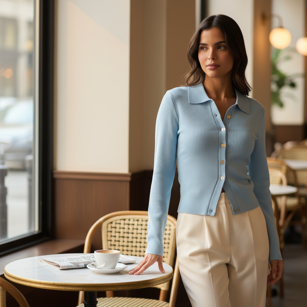 Gilet Maille Côtelée Bleu Clair